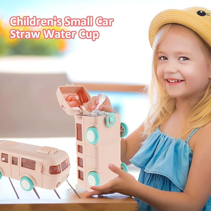 Kids' Toy Bus Water Bottle with Moving Wheels & Adjustable Shoulder Strap (500 ML)