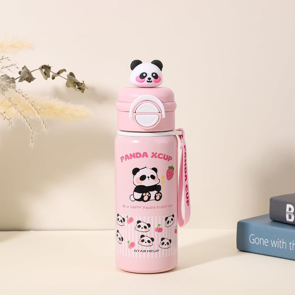 allKiDz® Premium Panda Stainless Steel Insulated Sipper Bottle (500ml) – Double-Wall Vacuum Thermos with Dual Drinking Modes, Leak-Proof Flip Cap & Adjustable Strap for School Kids