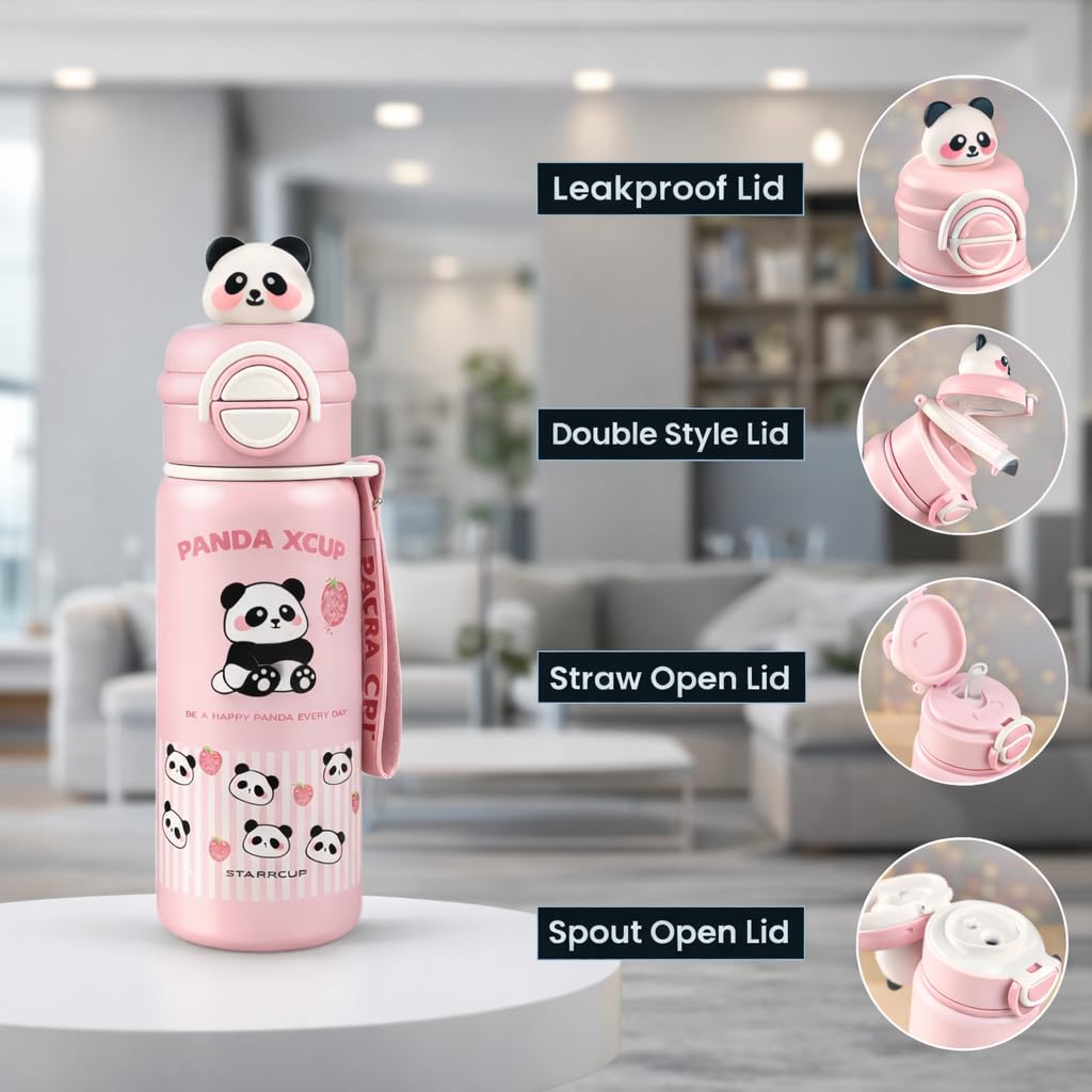 allKiDz® Premium Panda Stainless Steel Insulated Sipper Bottle (500ml) – Double-Wall Vacuum Thermos with Dual Drinking Modes, Leak-Proof Flip Cap & Adjustable Strap for School Kids