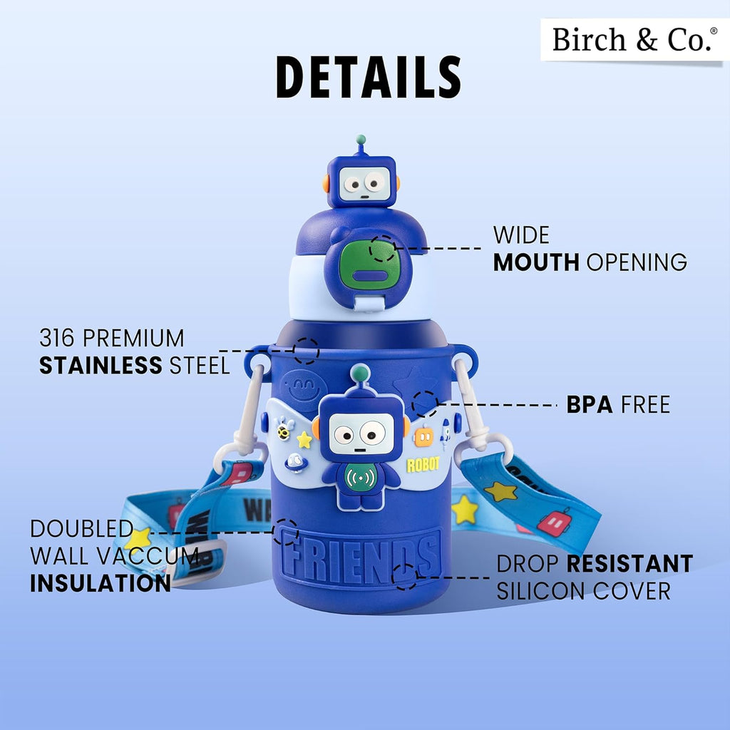 allKidz® Kids Robot Water Bottle for School – 316 Stainless Steel Insulated Sipper Bottle with Strap | Leakproof, BPA-Free, Hot & Cold | 450ml (Boys & Girls)