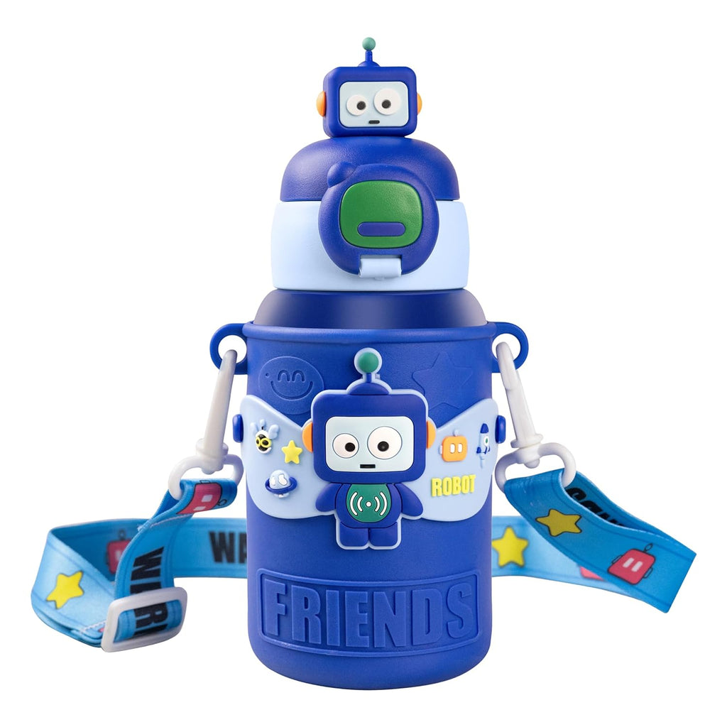 allKidz® Kids Robot Water Bottle for School – 316 Stainless Steel Insulated Sipper Bottle with Strap | Leakproof, BPA-Free, Hot & Cold | 450ml (Boys & Girls)