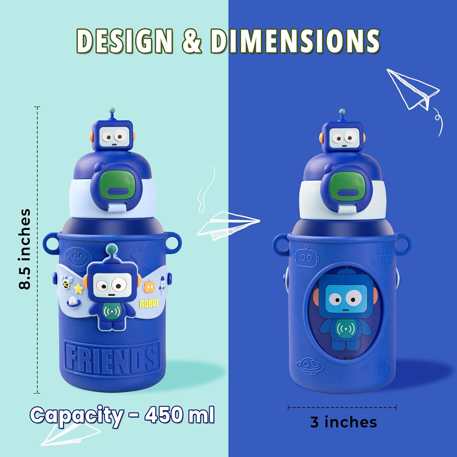 allKidz® Kids Robot Water Bottle for School – 316 Stainless Steel Insulated Sipper Bottle with Strap | Leakproof, BPA-Free, Hot & Cold | 450ml (Boys & Girls)