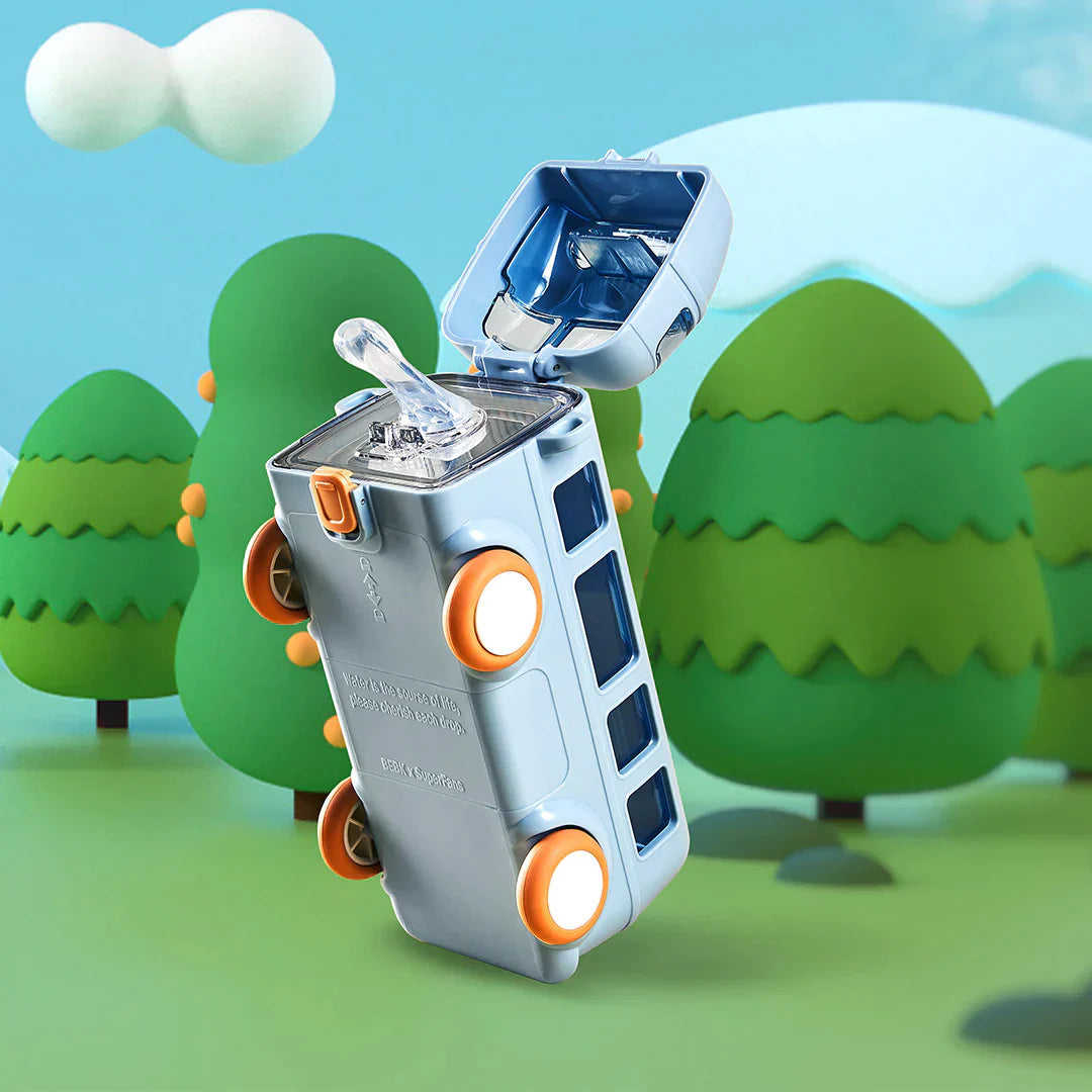 Kids' Toy Bus Water Bottle with Moving Wheels & Adjustable Shoulder Strap (500 ML)